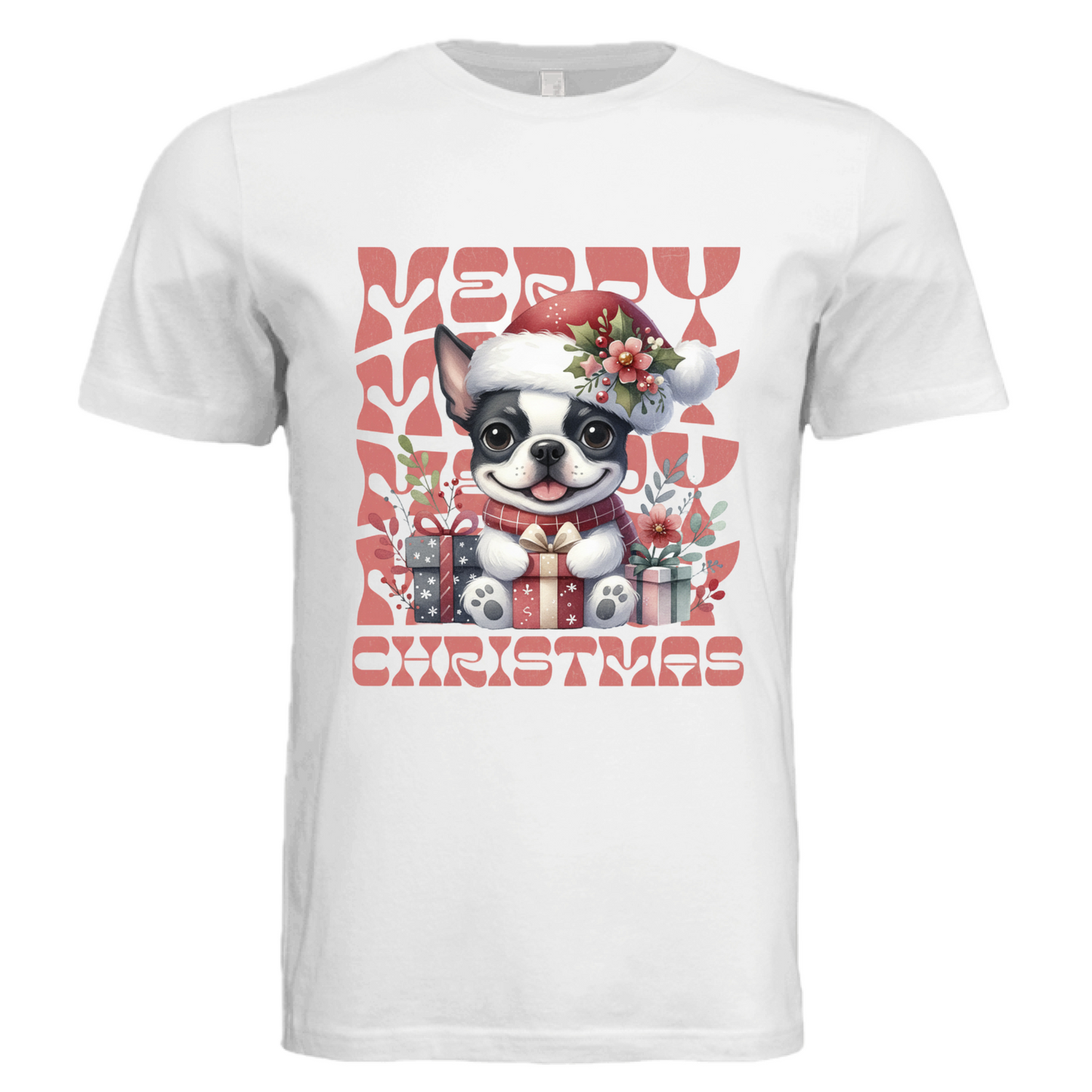 🎅 Christmas Puppy Tee – Santa Boston Terrier & Gift Box Design 🎀