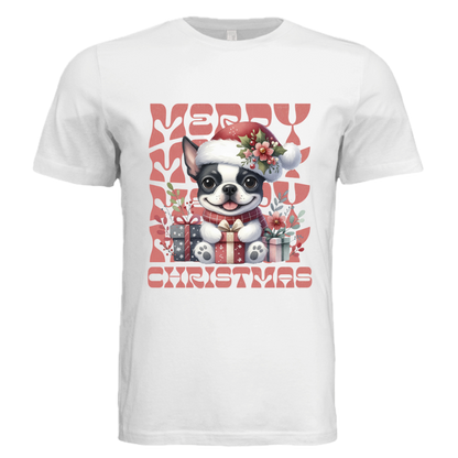 🎅 Christmas Puppy Tee – Santa Boston Terrier & Gift Box Design 🎀